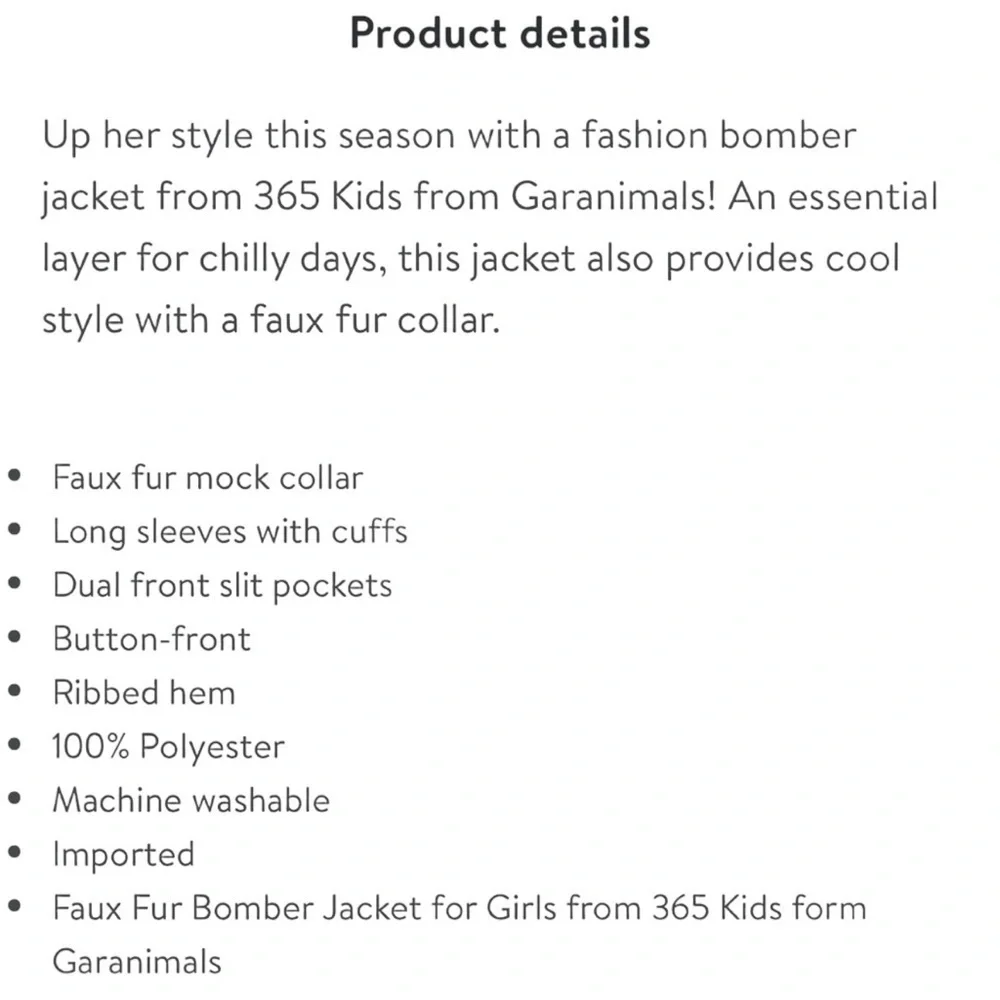 NWT Faux Fur Girls Bomber Jacket 365 Kids from Garanimals Size 6